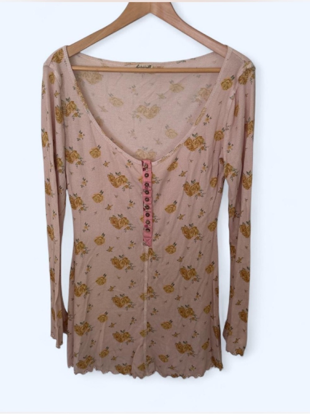 Free People Floral waffle knit Henley Top in Dusty Pink with Mustard Roses